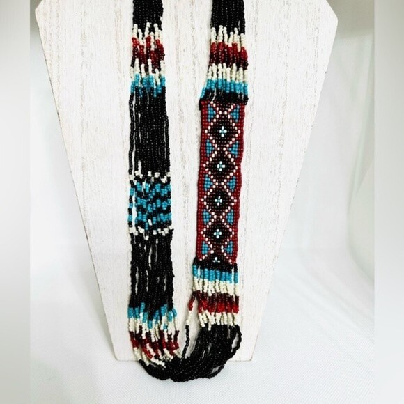 Southwestern Geometric‎ Pattern Seed Beaded Multi Strand Necklace - Picture 6 of 8